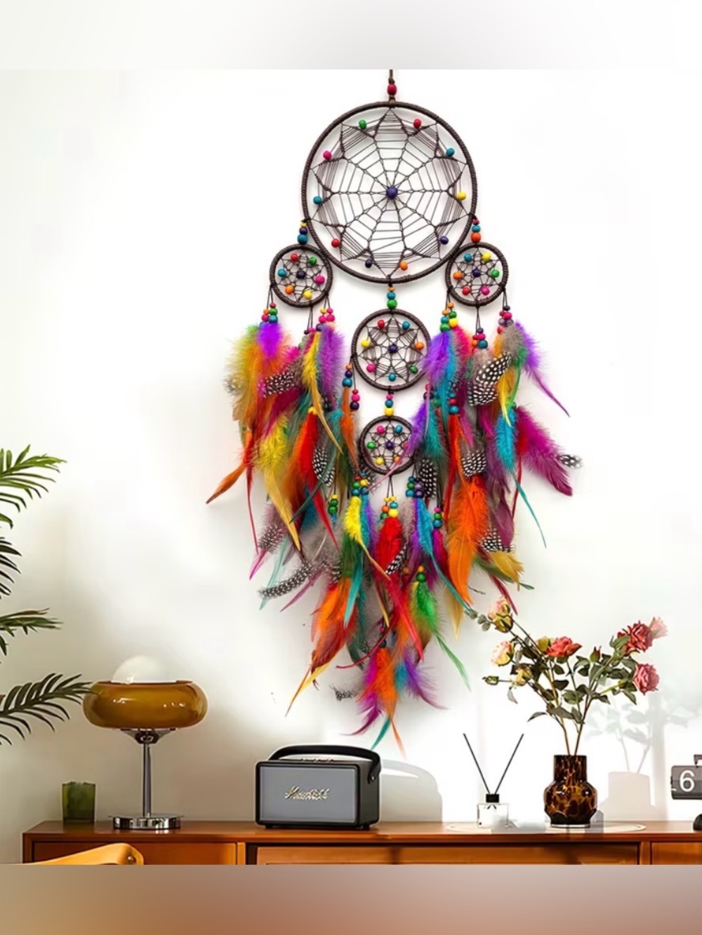 Vibrant Multicolor Feather Dreamcatcher Wall Tapestry